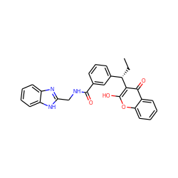 CC[C@@H](c1cccc(C(=O)NCc2nc3ccccc3[nH]2)c1)c1c(O)oc2ccccc2c1=O ZINC000013743246