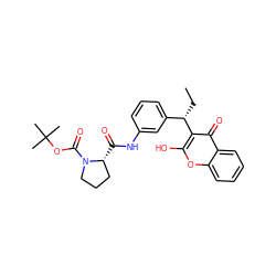 CC[C@@H](c1cccc(NC(=O)[C@@H]2CCCN2C(=O)OC(C)(C)C)c1)c1c(O)oc2ccccc2c1=O ZINC000013743232