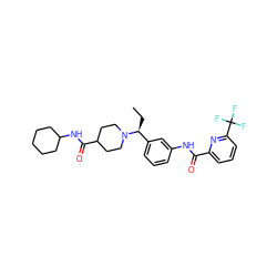 CC[C@@H](c1cccc(NC(=O)c2cccc(C(F)(F)F)n2)c1)N1CCC(C(=O)NC2CCCCC2)CC1 ZINC001772617704