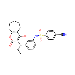 CC[C@@H](c1cccc(NS(=O)(=O)c2ccc(C#N)cc2)c1)c1c(O)c2c(oc1=O)CCCCC2 ZINC000027410015