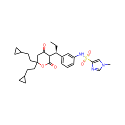 CC[C@@H](c1cccc(NS(=O)(=O)c2cn(C)cn2)c1)C1C(=O)CC(CCC2CC2)(CCC2CC2)OC1=O ZINC000101292067