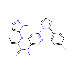 CC[C@@H]1C(=O)N(C)c2cnc(-n3ccnc3-c3ccc(F)cc3)nc2N1c1ccnn1C ZINC000096272644