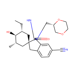 CC[C@@H]1C[C@@]2(Cc3ccc(C#N)cc3[C@]23N=C(N)N(C[C@H]2COCCO2)C3=O)C[C@H](C)[C@H]1O ZINC000149627752