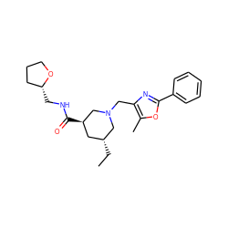 CC[C@@H]1C[C@@H](C(=O)NC[C@@H]2CCCO2)CN(Cc2nc(-c3ccccc3)oc2C)C1 ZINC000071332694