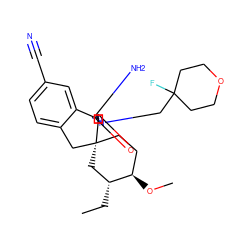 CC[C@@H]1C[C@]2(CC[C@H]1OC)Cc1ccc(C#N)cc1[C@]21N=C(N)N(CC2(F)CCOCC2)C1=O ZINC000143438811