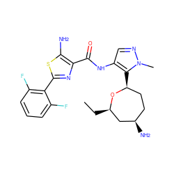 CC[C@@H]1C[C@H](N)CC[C@H](c2c(NC(=O)c3nc(-c4c(F)cccc4F)sc3N)cnn2C)O1 ZINC000221381317