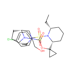 CC[C@@H]1CCC[C@H](C2(OC(=O)N3C[C@@H]4CC[C@H](C3)N4CCO)CC2)N1S(=O)(=O)c1ccc(Cl)cc1 ZINC000028827254