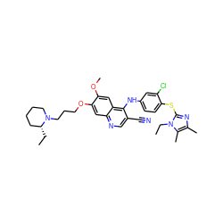 CC[C@@H]1CCCCN1CCCOc1cc2ncc(C#N)c(Nc3ccc(Sc4nc(C)c(C)n4CC)c(Cl)c3)c2cc1OC ZINC000044350922