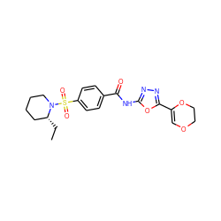 CC[C@@H]1CCCCN1S(=O)(=O)c1ccc(C(=O)Nc2nnc(C3=COCCO3)o2)cc1 ZINC000011634826