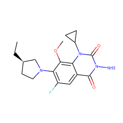 CC[C@@H]1CCN(c2c(F)cc3c(=O)n(N)c(=O)n(C4CC4)c3c2OC)C1 ZINC000064437252