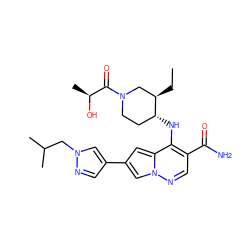 CC[C@@H]1CN(C(=O)[C@H](C)O)CC[C@H]1Nc1c(C(N)=O)cnn2cc(-c3cnn(CC(C)C)c3)cc12 ZINC000261177439