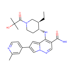 CC[C@@H]1CN(C(=O)C(C)(C)O)CC[C@H]1Nc1c(C(N)=O)cnn2cc(-c3ccnc(C)c3)cc12 ZINC000261110829