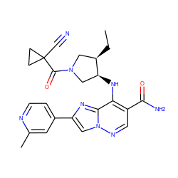 CC[C@@H]1CN(C(=O)C2(C#N)CC2)C[C@@H]1Nc1c(C(N)=O)cnn2cc(-c3ccnc(C)c3)nc12 ZINC001772613110