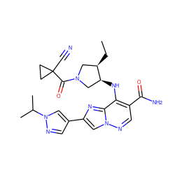 CC[C@@H]1CN(C(=O)C2(C#N)CC2)C[C@@H]1Nc1c(C(N)=O)cnn2cc(-c3cnn(C(C)C)c3)nc12 ZINC001772610065