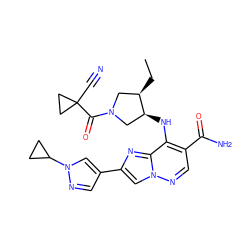 CC[C@@H]1CN(C(=O)C2(C#N)CC2)C[C@@H]1Nc1c(C(N)=O)cnn2cc(-c3cnn(C4CC4)c3)nc12 ZINC001772653554