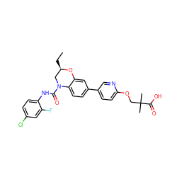 CC[C@@H]1CN(C(=O)Nc2ccc(Cl)cc2F)c2ccc(-c3ccc(OCC(C)(C)C(=O)O)nc3)cc2O1 ZINC000139390013