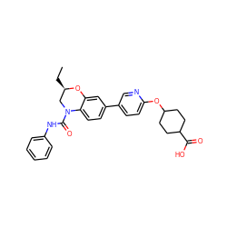 CC[C@@H]1CN(C(=O)Nc2ccccc2)c2ccc(-c3ccc(OC4CCC(C(=O)O)CC4)nc3)cc2O1 ZINC000145288960