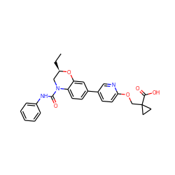 CC[C@@H]1CN(C(=O)Nc2ccccc2)c2ccc(-c3ccc(OCC4(C(=O)O)CC4)nc3)cc2O1 ZINC000145884360