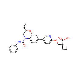 CC[C@@H]1CN(C(=O)Nc2ccccc2)c2ccc(-c3ccc(OCC4(C(=O)O)CCC4)nc3)cc2O1 ZINC000169352719