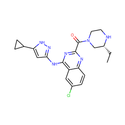 CC[C@@H]1CN(C(=O)c2nc(Nc3cc(C4CC4)[nH]n3)c3cc(Cl)ccc3n2)CCN1 ZINC001772644198