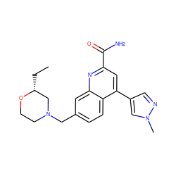 CC[C@@H]1CN(Cc2ccc3c(-c4cnn(C)c4)cc(C(N)=O)nc3c2)CCO1 ZINC000221606693