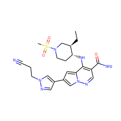 CC[C@@H]1CN(S(C)(=O)=O)CC[C@H]1Nc1c(C(N)=O)cnn2cc(-c3cnn(CCC#N)c3)cc12 ZINC000203789845