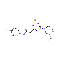 CC[C@@H]1CN(c2cc(=O)[nH]c(CC(=O)Nc3ccc(F)cc3)n2)CCO1 ZINC000146970330