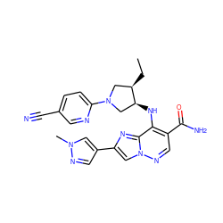 CC[C@@H]1CN(c2ccc(C#N)cn2)C[C@@H]1Nc1c(C(N)=O)cnn2cc(-c3cnn(C)c3)nc12 ZINC001772580799