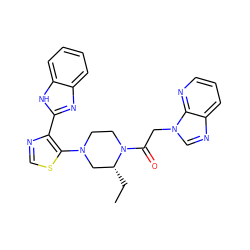 CC[C@@H]1CN(c2scnc2-c2nc3ccccc3[nH]2)CCN1C(=O)Cn1cnc2cccnc21 ZINC000143789019