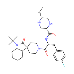 CC[C@@H]1CN[C@H](C(=O)N[C@H](Cc2ccc(F)cc2)C(=O)N2CCC(C(=O)NC(C)(C)C)(C3CCCCC3)CC2)CN1 ZINC000028522966