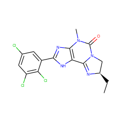 CC[C@@H]1CN2C(=O)N(C)c3nc(-c4cc(Cl)cc(Cl)c4Cl)[nH]c3C2=N1 ZINC000036387185