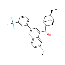 CC[C@@H]1CN2CC[C@H]1C[C@@H]2[C@H](O)c1cc(-c2cccc(C(F)(F)F)c2)nc2ccc(OC)cc12 ZINC000058609725