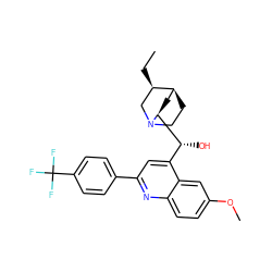 CC[C@@H]1CN2CC[C@H]1C[C@H]2[C@H](O)c1cc(-c2ccc(C(F)(F)F)cc2)nc2ccc(OC)cc12 ZINC000253770491