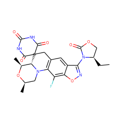 CC[C@@H]1COC(=O)N1c1noc2c(F)c3c(cc12)CC1(C(=O)NC(=O)NC1=O)[C@H]1[C@H](C)O[C@H](C)CN31 ZINC000145764639