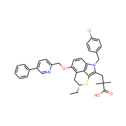 CC[C@@H]1Cc2c(OCc3ccc(-c4ccccc4)cn3)ccc3c2c(c(CC(C)(C)C(=O)O)n3Cc2ccc(Cl)cc2)S1 ZINC000026670321