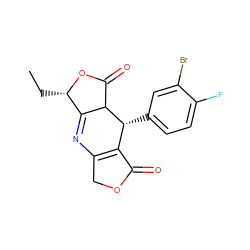 CC[C@@H]1OC(=O)C2C1=NC1=C(C(=O)OC1)[C@H]2c1ccc(F)c(Br)c1 ZINC000040575905