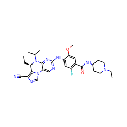 CC[C@@H]1c2c(C#N)ncn2-c2cnc(Nc3cc(F)c(C(=O)NC4CCN(CC)CC4)cc3OC)nc2N1C(C)C ZINC001772645812