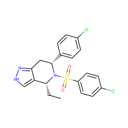 CC[C@@H]1c2c[nH]nc2C[C@H](c2ccc(Cl)cc2)N1S(=O)(=O)c1ccc(Cl)cc1 ZINC000049116124