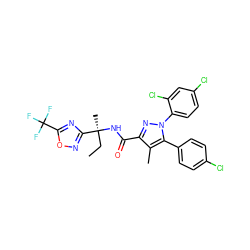 CC[C@](C)(NC(=O)c1nn(-c2ccc(Cl)cc2Cl)c(-c2ccc(Cl)cc2)c1C)c1noc(C(F)(F)F)n1 ZINC000072112247