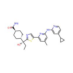 CC[C@](O)(c1ncc(-c2cc(C)cc(Nc3cc(C4CC4)ccn3)n2)s1)[C@H]1CC[C@H](C(N)=O)CC1 ZINC001772628128