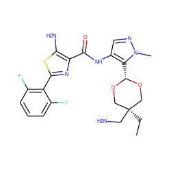 CC[C@]1(CN)CO[C@H](c2c(NC(=O)c3nc(-c4c(F)cccc4F)sc3N)cnn2C)OC1 ZINC001772585589