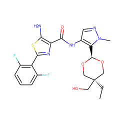 CC[C@]1(CO)CO[C@@H](c2c(NC(=O)c3nc(-c4c(F)cccc4F)sc3N)cnn2C)OC1 ZINC001772623244