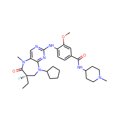 CC[C@]1(F)CN(C2CCCC2)c2nc(Nc3ccc(C(=O)NC4CCN(C)CC4)cc3OC)ncc2N(C)C1=O ZINC000059222517