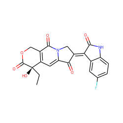 CC[C@]1(O)C(=O)OCc2c1cc1n(c2=O)C/C(=C2\C(=O)Nc3ccc(F)cc32)C1=O ZINC000013740599