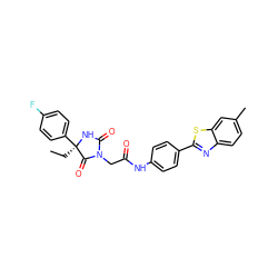 CC[C@]1(c2ccc(F)cc2)NC(=O)N(CC(=O)Nc2ccc(-c3nc4ccc(C)cc4s3)cc2)C1=O ZINC000003371946