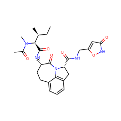 CC[C@H](C)[C@@H](C(=O)N[C@H]1CCc2cccc3c2N(C1=O)[C@H](C(=O)NCc1cc(=O)[nH]o1)C3)N(C)C(C)=O ZINC000026290934