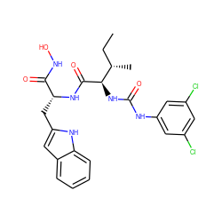 CC[C@H](C)[C@@H](NC(=O)Nc1cc(Cl)cc(Cl)c1)C(=O)N[C@H](Cc1cc2ccccc2[nH]1)C(=O)NO ZINC000026499545