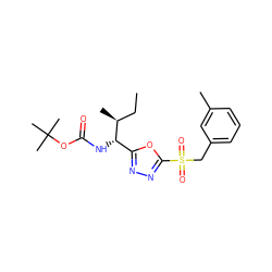 CC[C@H](C)[C@@H](NC(=O)OC(C)(C)C)c1nnc(S(=O)(=O)Cc2cccc(C)c2)o1 ZINC000002402629