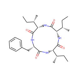 CC[C@H](C)[C@@H]1NC(=O)[C@H](Cc2ccccc2)NC(=O)[C@H]([C@@H](C)CC)NC(=O)[C@H]([C@@H](C)CC)NC1=O ZINC000042875524