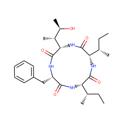 CC[C@H](C)[C@@H]1NC(=O)[C@H](Cc2ccccc2)NC(=O)[C@H]([C@H](C)[C@@H](C)O)NC(=O)[C@H]([C@@H](C)CC)NC1=O ZINC000042852435